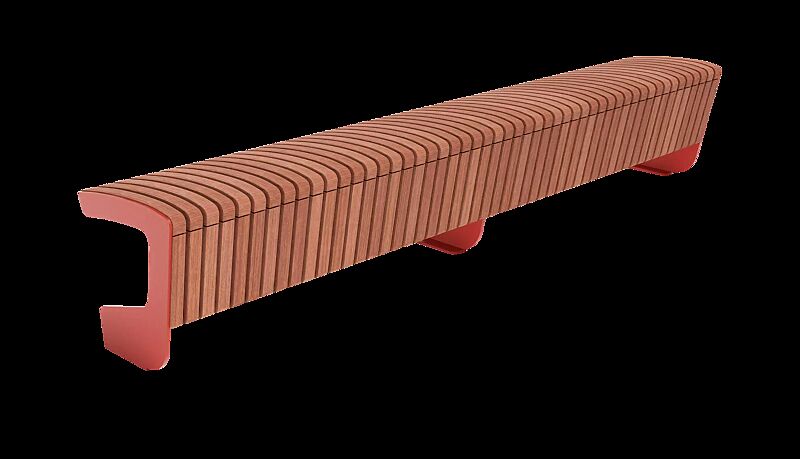 Sitzbank LANDSCAPE COMPACT ohne Rückenlehne, einseitig, mit Jaztobaholzbelattung, Stahlteile in RAL 3016 korallenrot