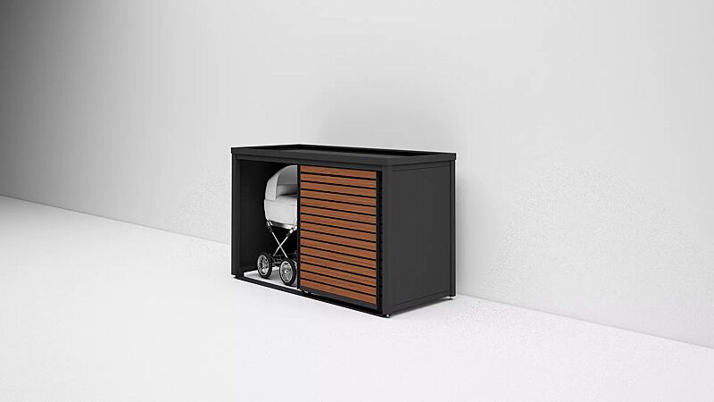 Universaldepot STYLEOUT® LINIS STORE als Kinderwagenbox, Aluminiumkonstruktion sowie Wandelemente in RAL 7016 anthrazitgrau, Türlamellen in kirschbaum dunkel