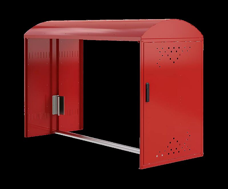 Fahrradgarage LEXINGTON NEW, Anbaueinheit mit Bogendach, ohne Seitenteile, mit Profilhalbzylinderschloss, Türanschlag DIN rechts, Stahlkonstruktion in RAL 3020 verkehrsrot