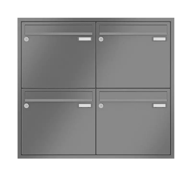 Briefkastenanlage RAGUSA mit 4 Briefkästen, Unterputzanlage, ohne Sprech- und Klingelfach, Stahlteile in RAL 9007 graualuminium