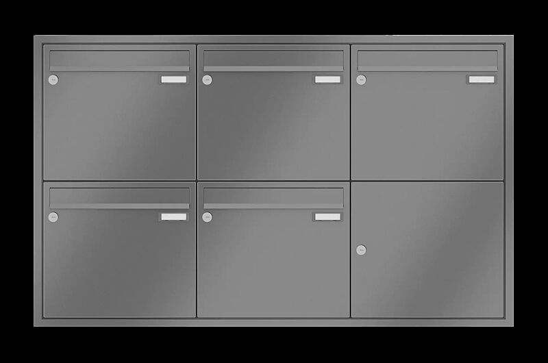 Briefkastenanlage RAGUSA mit 5 Briefkästen, Unterputzanlage, ohne Sprech- und Klingelfach, Stahlteile in RAL 9007 graualuminium