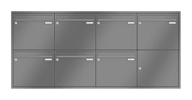 Briefkastenanlage RAGUSA mit 7 Briefkästen, Unterputzanlage, ohne Sprech- und Klingelfach, Stahlteile in RAL 9007 graualuminium
