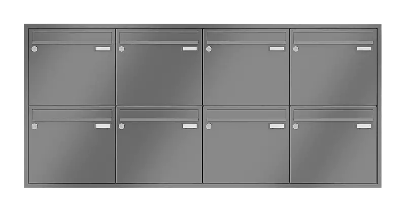 Briefkastenanlage RAGUSA mit 8 Briefkästen, Unterputzanlage, ohne Sprech- und Klingelfach, Stahlteile in RAL 9007 graualuminium
