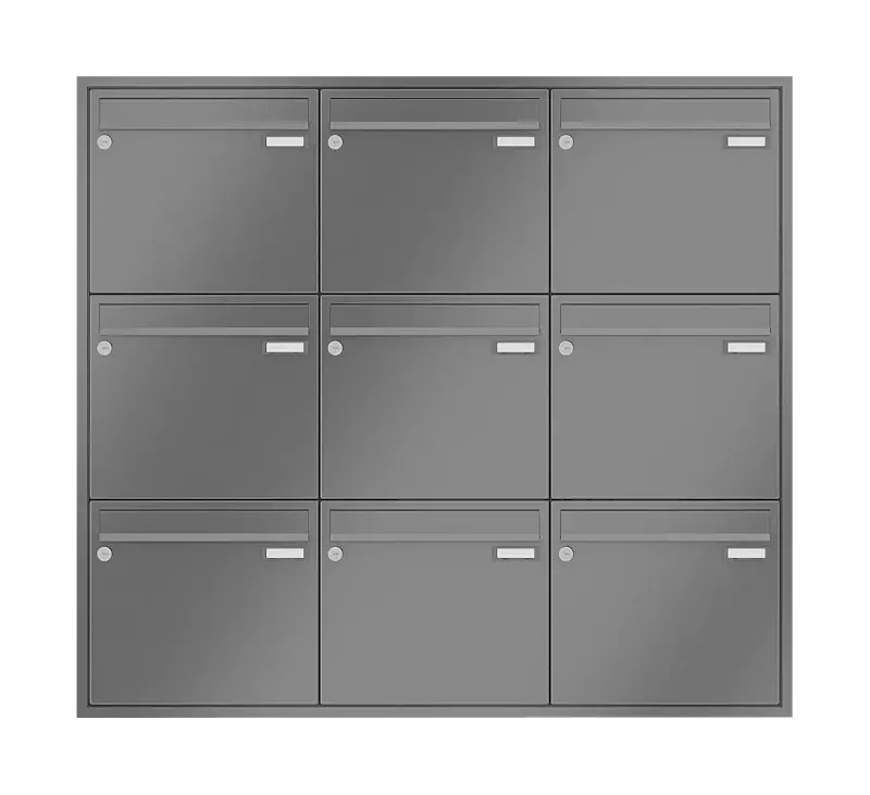 Briefkastenanlage RAGUSA mit 9 Briefkästen, Unterputzanlage, ohne Sprech- und Klingelfach, Stahlteile in RAL 9007 graualuminium