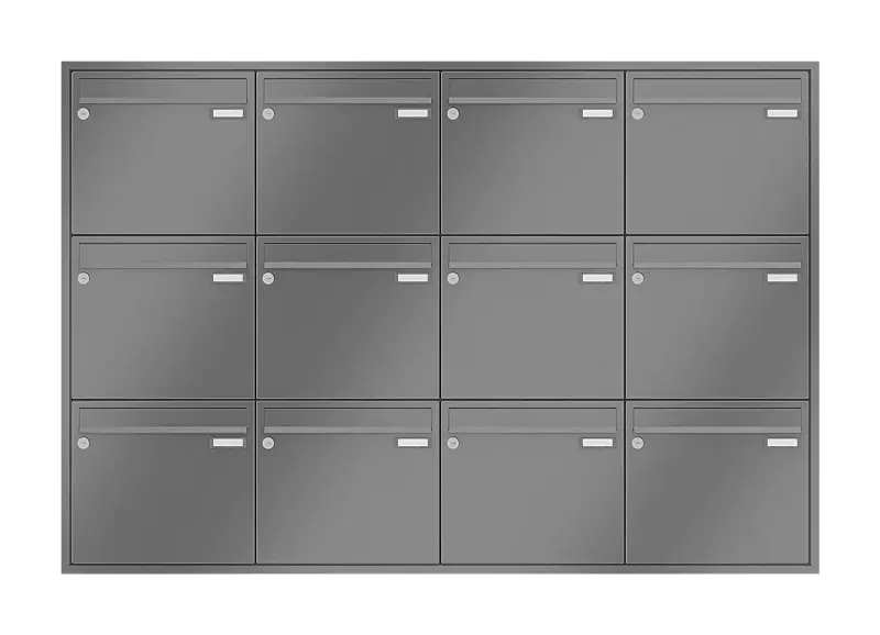 Briefkastenanlage RAGUSA mit 12 Briefkästen, Unterputzanlage, ohne Sprech- und Klingelfach, Stahlteile in RAL 9007 graualuminium