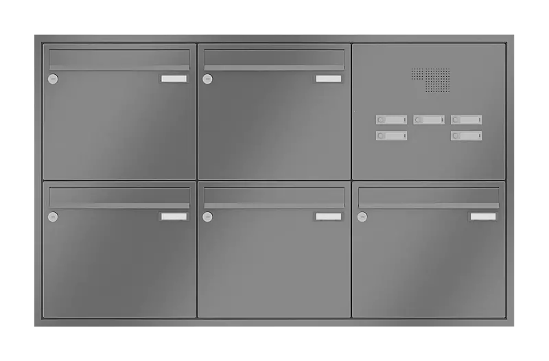 Briefkastenanlage RAGUSA mit 5 Briefkästen, Unterputzanlage, mit Sprech- und Klingelfach, Stahlteile in RAL 9007 graualuminium