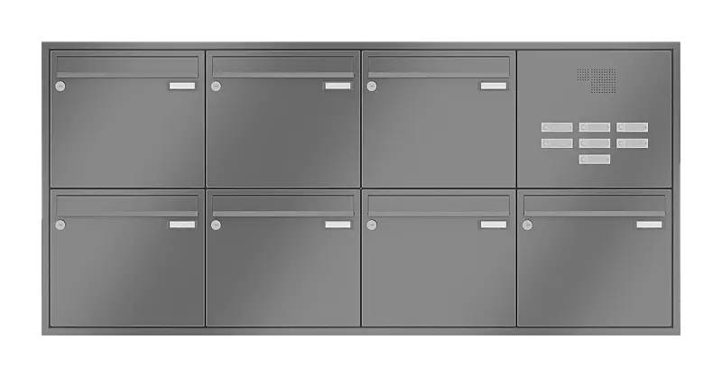 Briefkastenanlage RAGUSA mit 7 Briefkästen, Unterputzanlage, mit Sprech- und Klingelfach, Stahlteile in RAL 9007 graualuminium