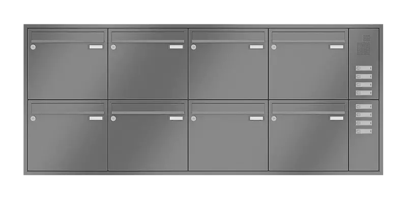 Briefkastenanlage RAGUSA mit 8 Briefkästen, Unterputzanlage, mit Sprech- und Klingelfach, Stahlteile in RAL 9007 graualuminium