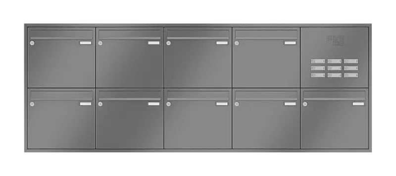 Briefkastenanlage RAGUSA mit 9 Briefkästen, Unterputzanlage, mit Sprech- und Klingelfach, Stahlteile in RAL 9007 graualuminium