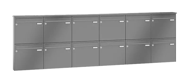 Briefkastenanlage RAGUSA mit 12 Briefkästen, Aufputzanlage, ohne Sprech- und Klingelfach, Stahlteile in RAL 9007 graualuminium