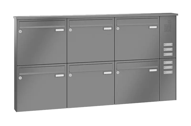 Briefkastenanlage RAGUSA mit 6 Briefkästen, Aufputzanlage, mit Sprech- und Klingelfach, Stahlteile in RAL 9007 graualuminium