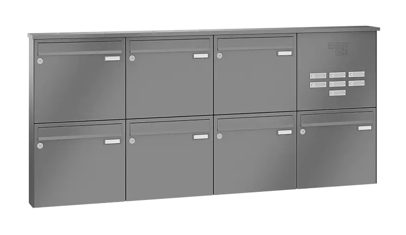 Briefkastenanlage RAGUSA mit 7 Briefkästen, Aufputzanlage, mit Sprech- und Klingelfach, Stahlteile in RAL 9007 graualuminium