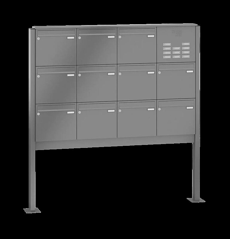 Briefkastenanlage RAGUSA mit 11 Briefkästen, zum Aufdübeln, mit Sprech- und Klingelfach, Stahlteile in RAL 9007 graualuminium