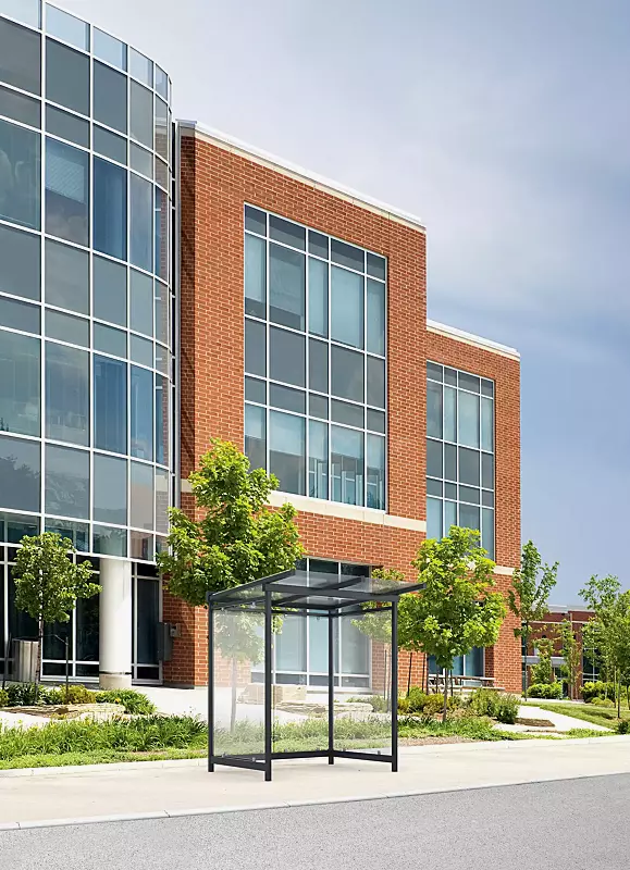 Wartehalle FORNAX, Dachbreite x Dachtiefe 2330 mm x 2065 mm, zum Aufdübeln bei -200 mm, Rück- / Seitenwände ESG, Klarglas, Stahlkonstruktion in RAL 7016 anthrazitgrauWartehalle FORNAX, Dachbreite x Dachtiefe 2330 mm x 2065 mm, zum Aufdübeln bei -200 mm...