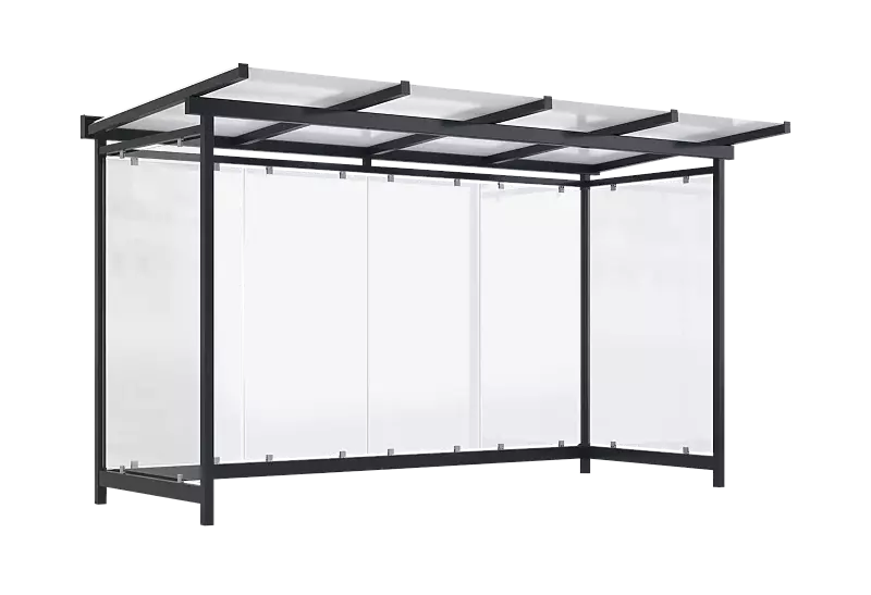 Wartehalle FORNAX, Dachbreite x Dachtiefe 4380 mm x 2065 mm, zum Aufdübeln bei -200 mm, Rück- / Seitenwände ESG, Klarglas, Stahlkonstruktion in RAL 7016 anthrazitgrau