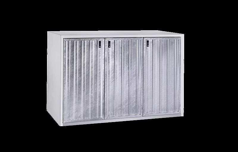 Müllbehälterschrank KENORA, Dreifachschrank, Korpus Sichtbeton glatt, Türblatt feuerverzinkt in Trapezprofil