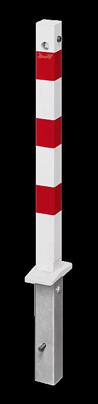 Sperrpfosten GERNIKA NEW zum Einbetonieren, einseitig kippbar und herausnehmbar, mit Dreikantschloss, in RAL 9010 reinweiß mit roten Reflexstreifen