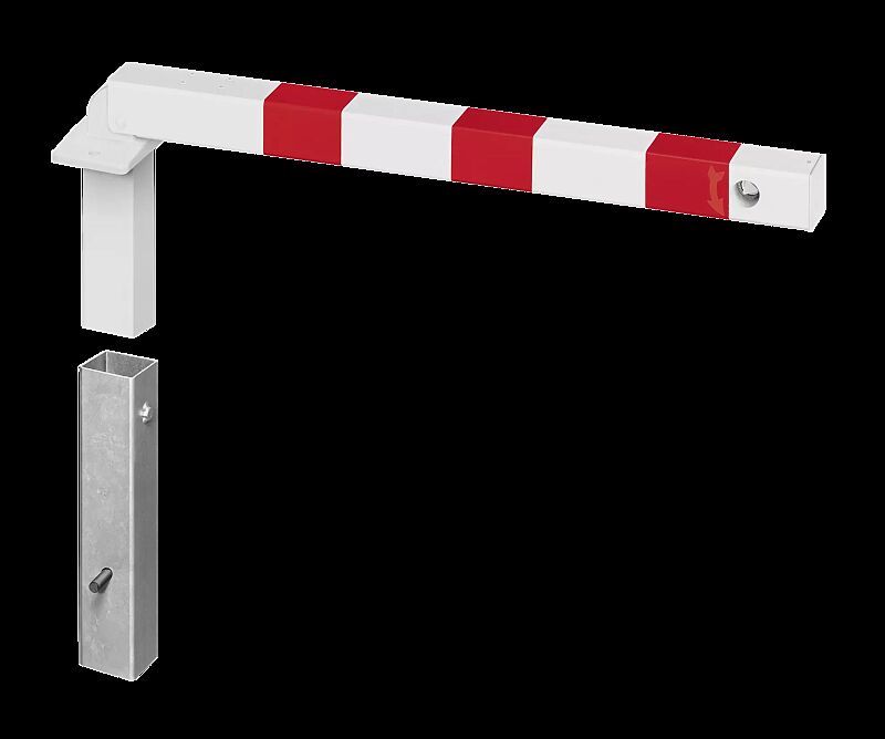 Sperrpfosten GERNIKA NEW zum Einbetonieren, einseitig kippbar und herausnehmbar, mit Dreikantschloss, in RAL 9010 reinweiß mit roten Reflexstreifen
