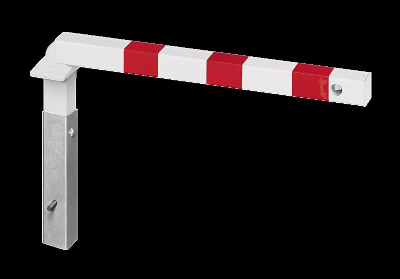 Sperrpfosten GERNIKA NEW zum Einbetonieren, einseitig kippbar und herausnehmbar, mit Dreikantschloss, in RAL 9010 reinweiß mit roten Reflexstreifen