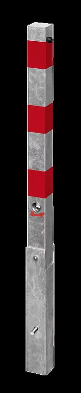 Sperrpfosten GERNIKA NEW zum Einbetonieren, mit Hebe-Kipp-Mechanismus, mit Dreikantschloss, feuerverzinkt mit roten Reflexstreifen
