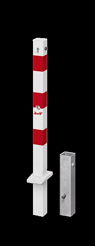 Sperrpfosten GERNIKA NEW zum Einbetonieren, herausnehmbar, kippbar, mit Profilzylinderschloss und Dreikantschloss, in RAL 9010 reinweiß mit roten Reflexstreifen