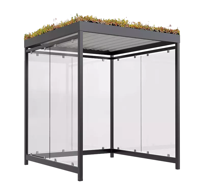 Fahrradüberdachung AQUILA GREEN, Dachbreite x Dachtiefe 2165 mm x 2165 mm, zum Aufdübeln bei -200 mm, Rück- / Seitenwände ESG, Klarglas, Stahlkonstruktion in RAL 7016 anthrazitgrau