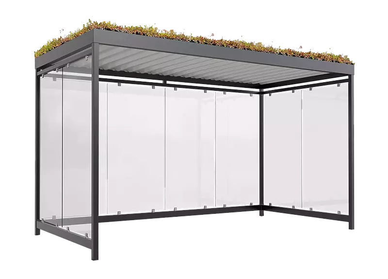 Fahrradüberdachung AQUILA GREEN, Dachbreite x Dachtiefe 4195 mm x 2165 mm, zum Aufdübeln bei -200 mm, Rück- / Seitenwände ESG, Klarglas, Stahlkonstruktion in RAL 7016 anthrazitgrau