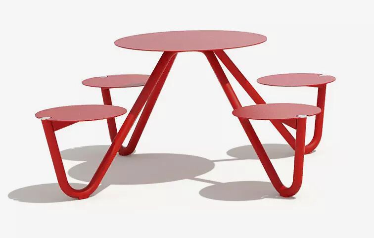 Bank-Tisch-Kombination ORBIT mit rundem Tisch, 4-Sitzer, Aluminium-Auflage und Stahlteile in RAL 3020 verkehrsrot