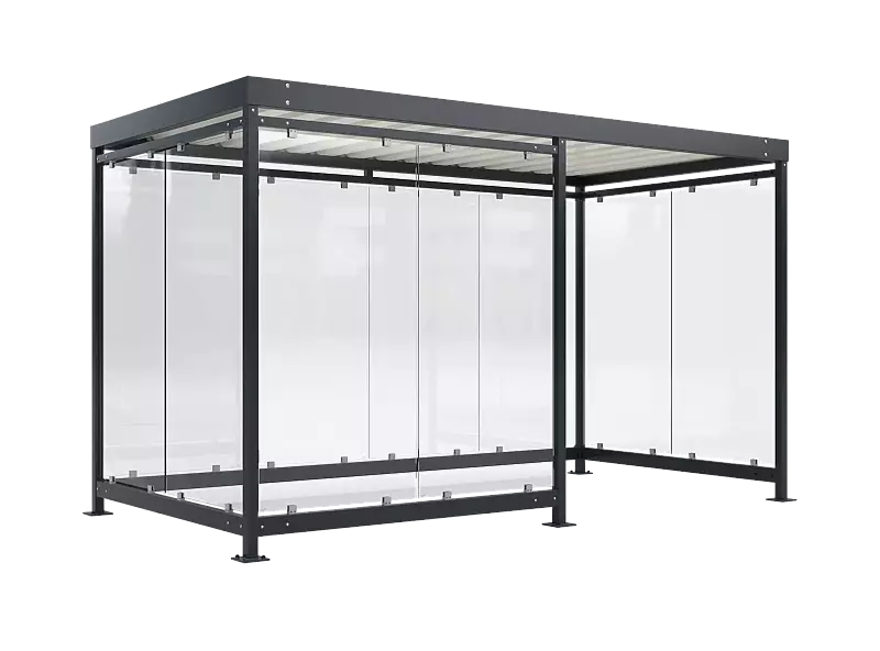 Raucherunterstand BOOTIS, Dachbreite x Dachtiefe 4195 mm x 2165 mm, mit Rück- und Seitenwänden sowie Windschutzwand links, Stahlkonstrukion in RAL 7016 anthrazitgrau