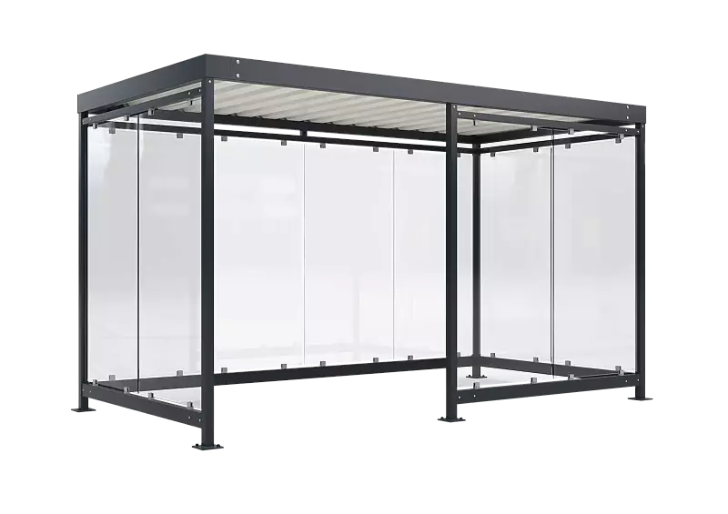 Raucherunterstand BOOTIS, Dachbreite x Dachtiefe 4195 mm x 2165 mm, mit Rück- und Seitenwänden sowie Windschutzwand rechts, Stahlkonstrukion in RAL 7016 anthrazitgrau