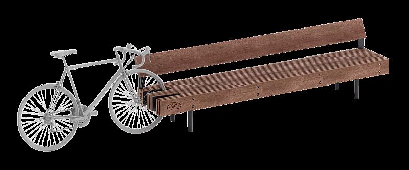 Sitzbank WOODY mit Rückenlehne, mit Aussparungen für Fahrräder (einseitig), mit Jatobaholzbelattung