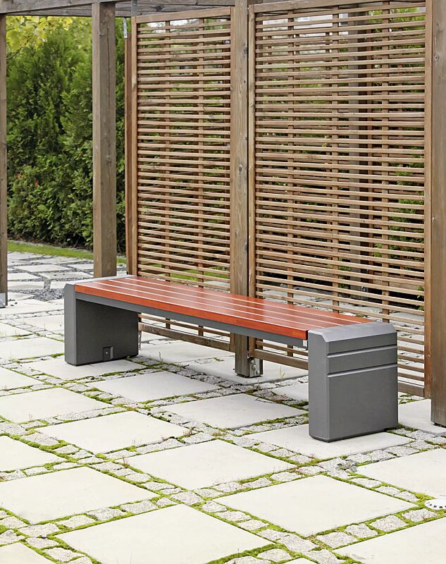 Sitzbank BRNO ohne Rückenlehne, Stahlteile in RAL 7021 schwarzgrau, Beton beschichtet in hellem graphit