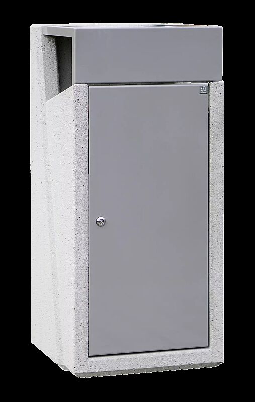 Abfallbehälter INTAL mit Ascher, Schutzdach und Tür in RAL 9007 graualuminium, Beton sandgestrahlt