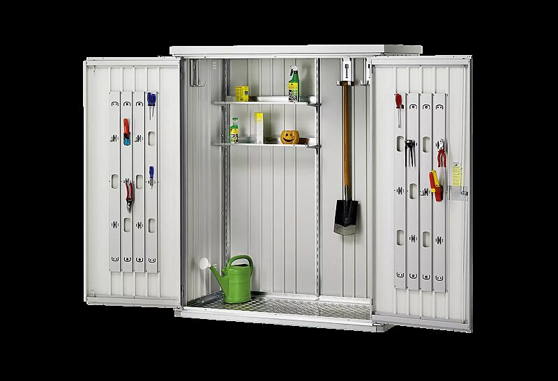 Geräteschrank NEUFELDEN, Modell 150, in silber-metallic,mit Aluminium-Bodenrahmen und -Bodenplatte