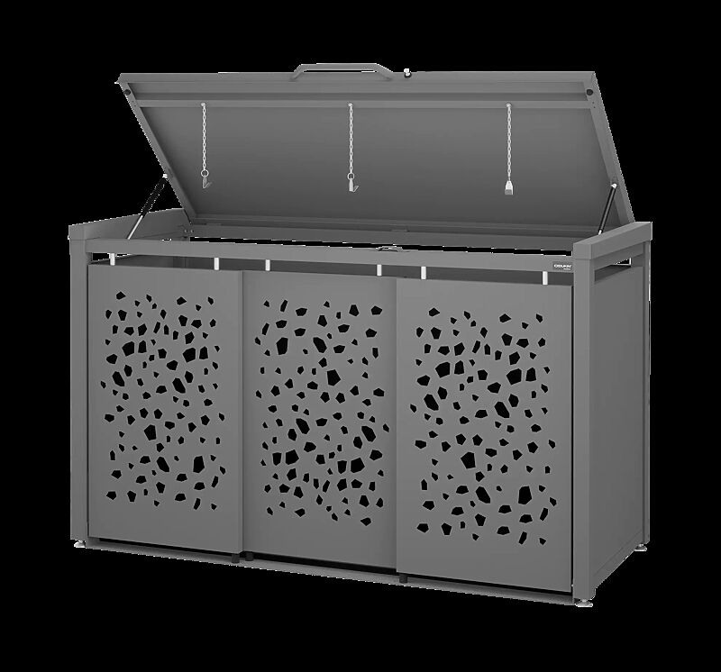 Müllbehälter-Dreifachschrank STYLEOUT® TOMO mit Klappdach, Aluminiumkonstruktion in RAL 9007 graualuminium