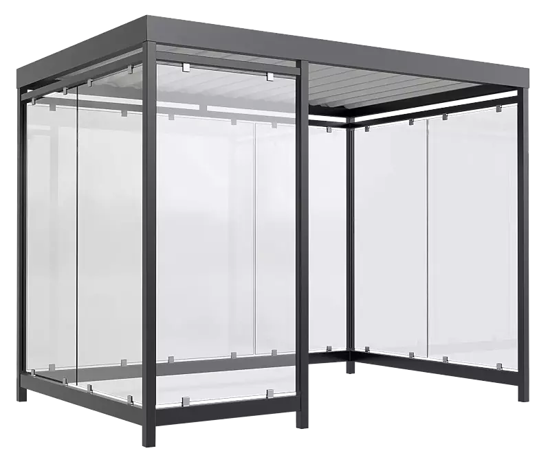 Raucherunterstand LEONIS, Dachbreite x Dachtiefe 3180 mm x 2165 mm, zum Aufdübeln bei -200 mm, mit Rück- / Seitenwänden sowie Windschutzwand links, Stahlkonstruktion in RAL 7016 anthrazitgrau