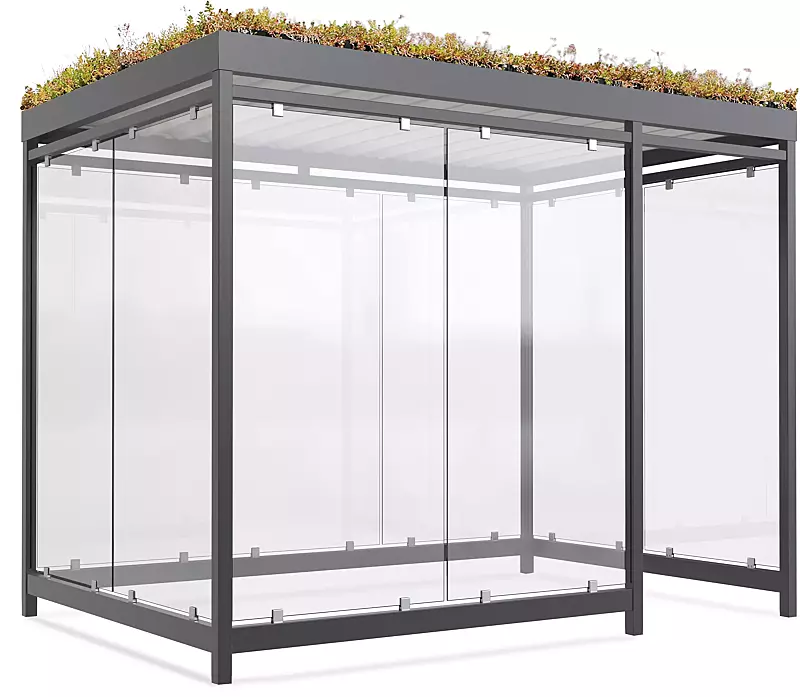 Raucherunterstand LEONIS GREEN, Dachbreite x Dachtiefe 3180 mm x 2165 mm, zum Aufdübeln bei -200 mm, mit Rück-, Seiten- und 2 Windschutzwänden links, Stahlkonstruktion in RAL 7016 anthrazitgrau