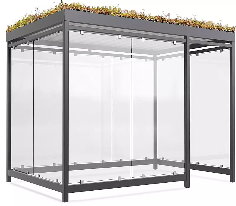 Raucherunterstand AQUILA GREEN, Dachbreite x Dachtiefe 3180 mm x 2165 mm, zum Aufdübeln bei -200 mm, mit Rück-, Seiten- / 2 Windschutzwänden links, Stahlkonstruktion in RAL 7016 anthrazitgrau