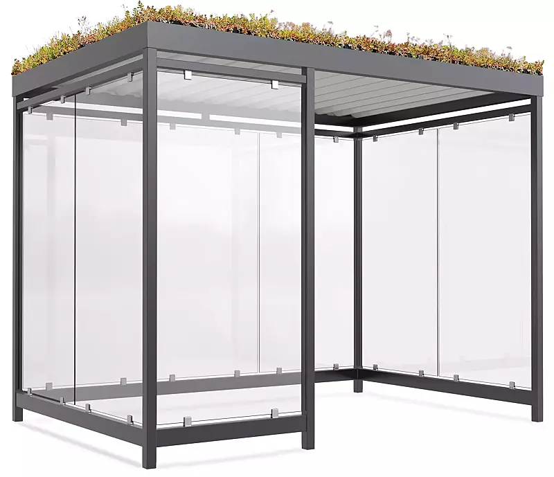 Raucherunterstand LEONIS GREEN, Dachbreite x Dachtiefe 3180 mm x 2165 mm, zum Aufdübeln bei -200 mm, mit Rück- und Seitenwänden sowie Windschutzwand links, Stahlkonstruktion in RAL 7016 anthrazitgrau