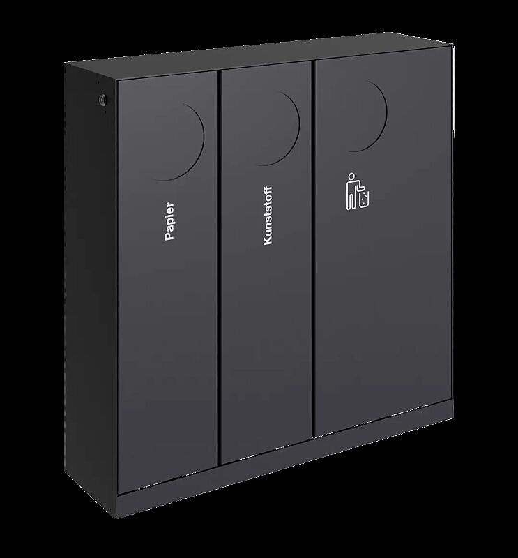 Abfallbehälter CRYSTAL TRIO ohne Ascher, 2 x 32 Liter und 1 x 55 Liter, mit Einwurfklappe, in RAL 7016 anthrazitgrau, Siebdruck in RAL 9003 signalweiß