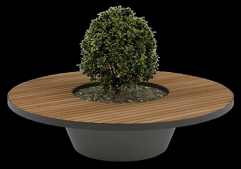 Sitzelement CONICS mit Jatobaholzbelattung, Breite 1760 mm, HPC-Beton in dunkelgrau, inkl. Pflanzeinfassung, Stahlteile in RAL 7021 schwarzgrau