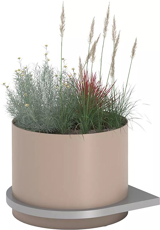 Pflanzbehälter POLYS mit halbrunder Plattform, mit einem zylindrischen Behälter in RAL 1019 graubeige
