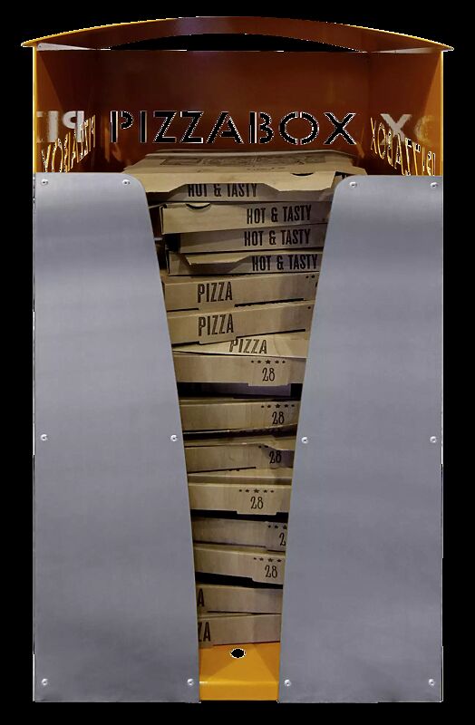 Pizzabox-Abfallbehälter SEATON, Dekorblende Edelstahl, Stahlteile in RAL 2000 gelborange