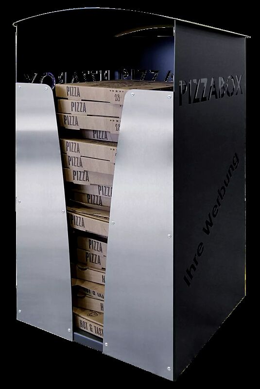 Pizzabox-Abfallbehälter SEATON, mit individuell gelaserter Werbeanbringung an den Seitenwänden links und rechts (Mehrpreis), Dekorblende Edelstahl, Stahlteile in DB 703 eisenglimmer