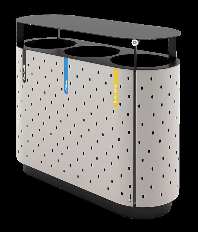 Abfallbehälter QUINBIN TRIO mit Schutzdach, ohne Ascher, Korpus: gestanztes Stahlblech, Stahlteile in RAL 7035 lichtgrau und RAL 7016 anthrazitgrau