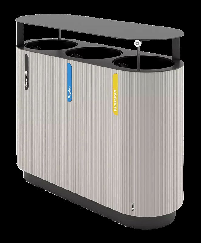 Abfallbehälter QUINBIN TRIO mit Schutzdach, ohne Ascher, Korpus: Aluminiumprofile in RAL 9006 weißaluminium, Stahlteile in RAL 7016 anthrazitgrau