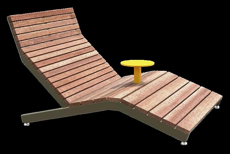 Doppelliegebank RIVAGE mit Ablagetisch, zum freien Aufstellen, mit Jatobaholzbelattung, Stahlteile in RAL 7002 olivgrau bzw. RAL 1021 rapsgelb