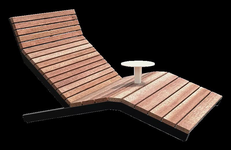 Doppelliegebank RIVAGE mit Ablagetisch, zum Einebtonieren, mit Jatobaholzbelattung, Stahlteile in RAL 9005 tiefschwarz bzw. RAL 1013 perlweiß