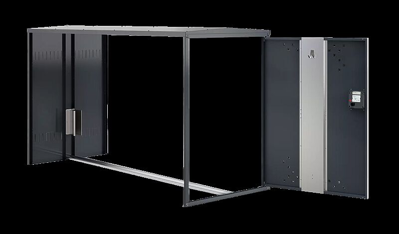 Fahrradgarage LEXINGTON NEW, Anbaueinheit mit Giebeldach, ohne Seitenteile, mit Münzpfandschloss, Türanschlag DIN rechts, Stahlkonstruktion in RAL 7016 anthrazitgrau