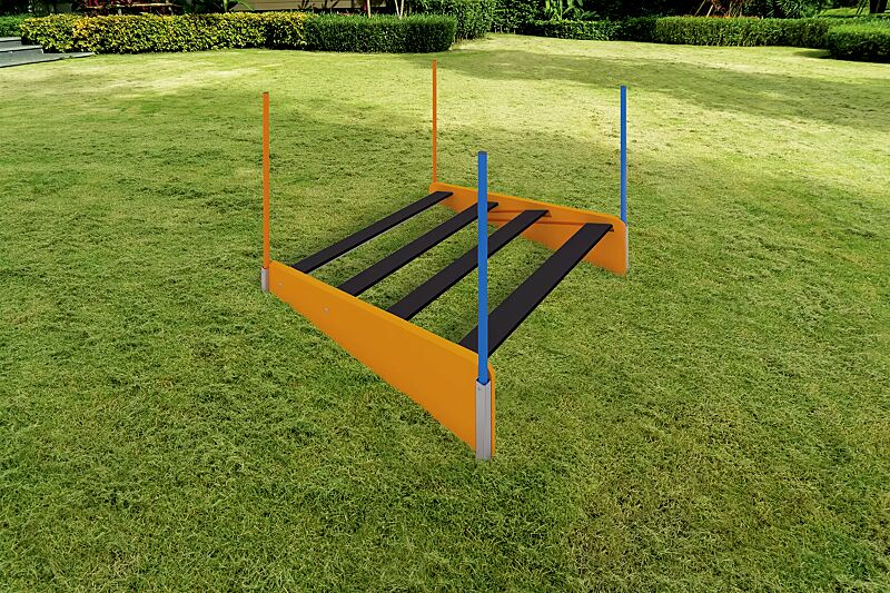 Hundeweitsprungtrainer KIRSI, Gestell in daliengelb ähnlich RAL 1033, Stangen in daliengelb ähnlich RAL 1033 und RAL 5015 himmelblau, Weitsprungelemente in RAL 9005 tiefschwarz